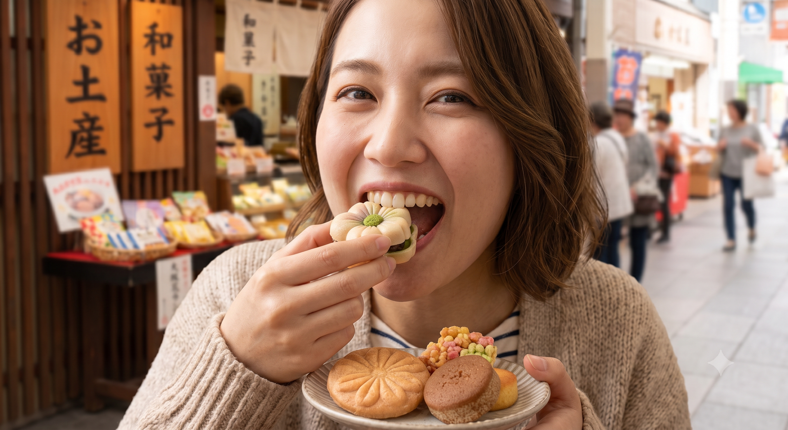 和菓子を食べている女性