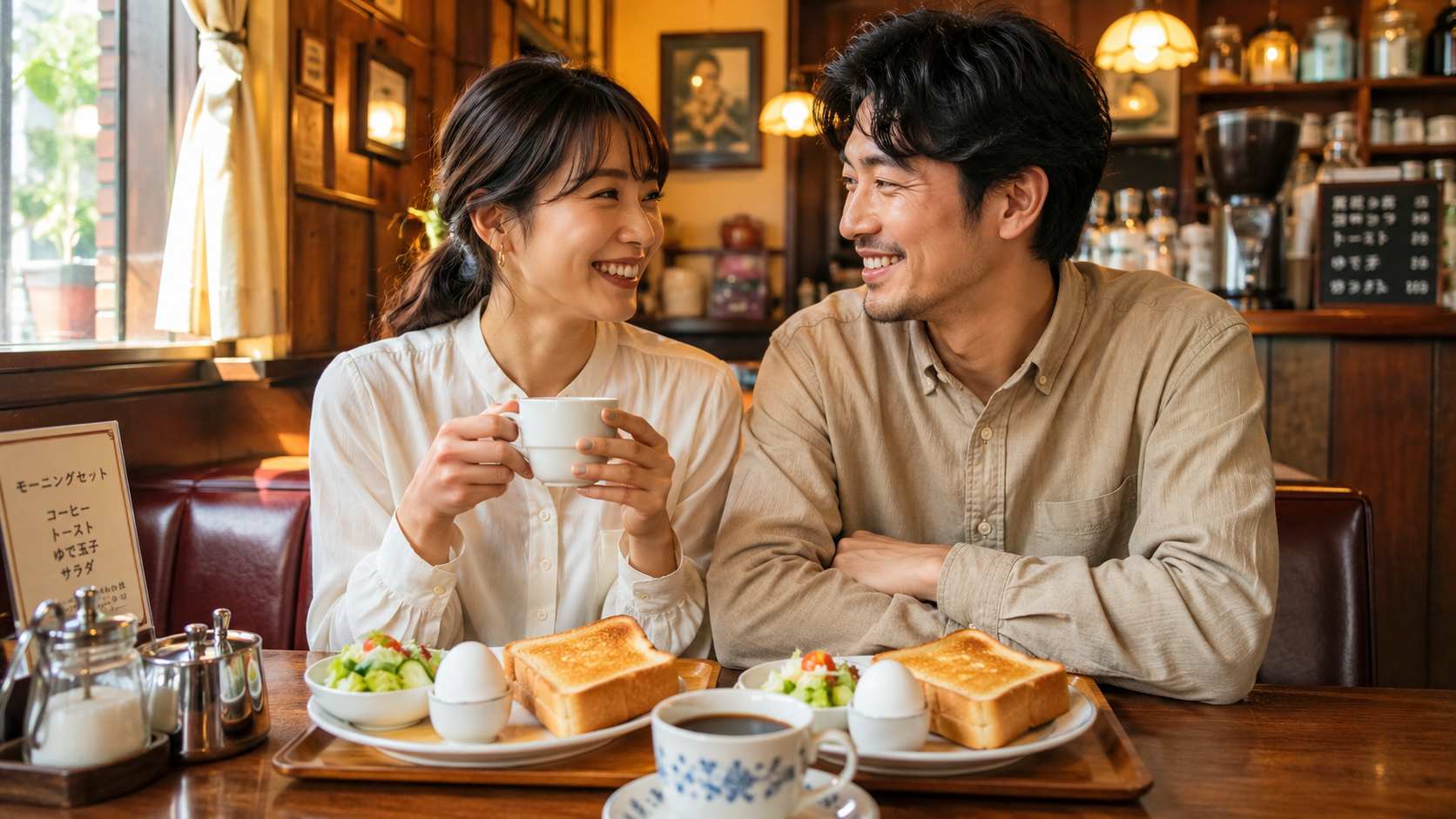 カフェのモーニングを食べる男女