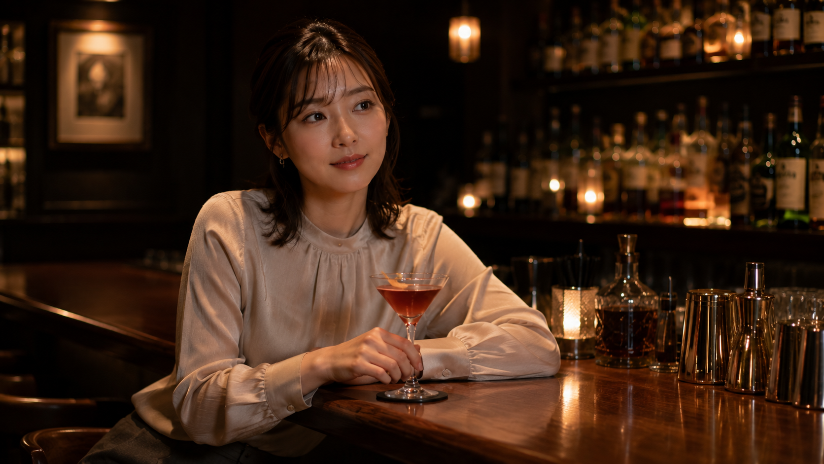 バーで一人で飲む女性