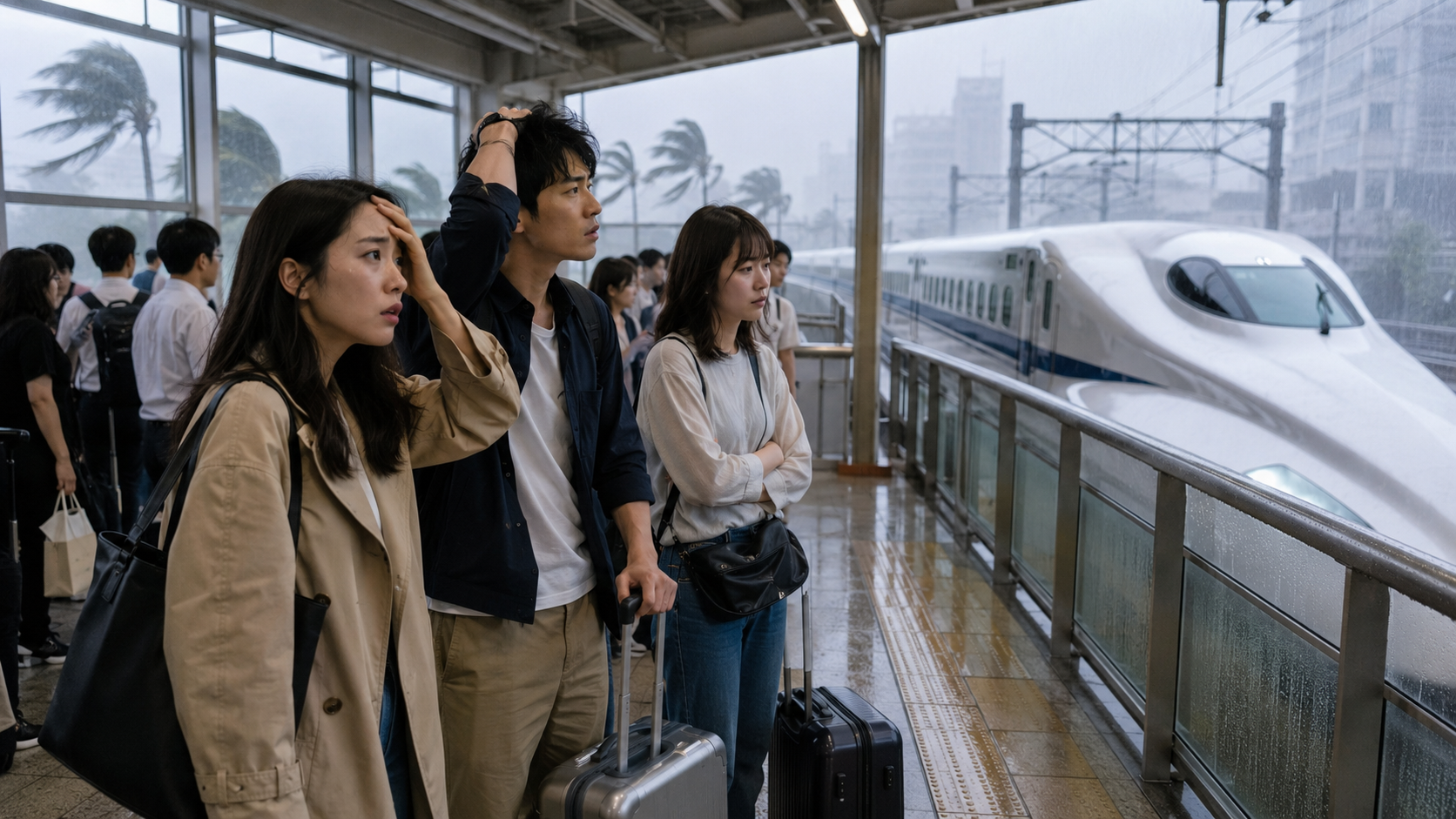台風の中で新幹線を待つ人々
