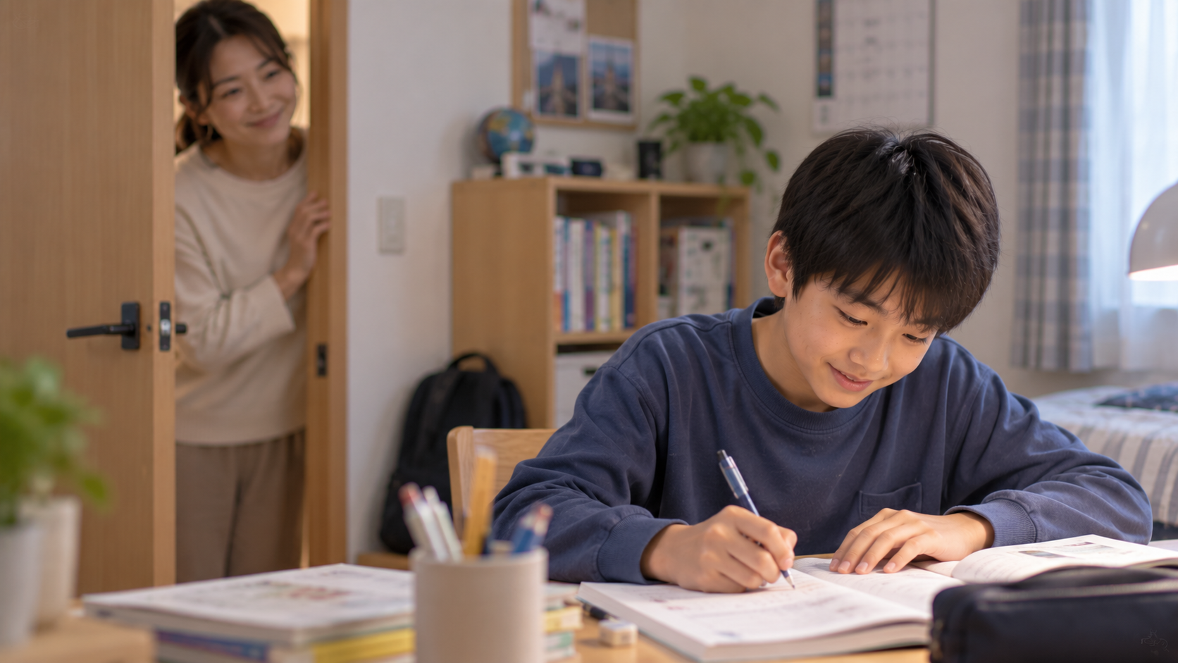 子どもの勉強を見守る母親