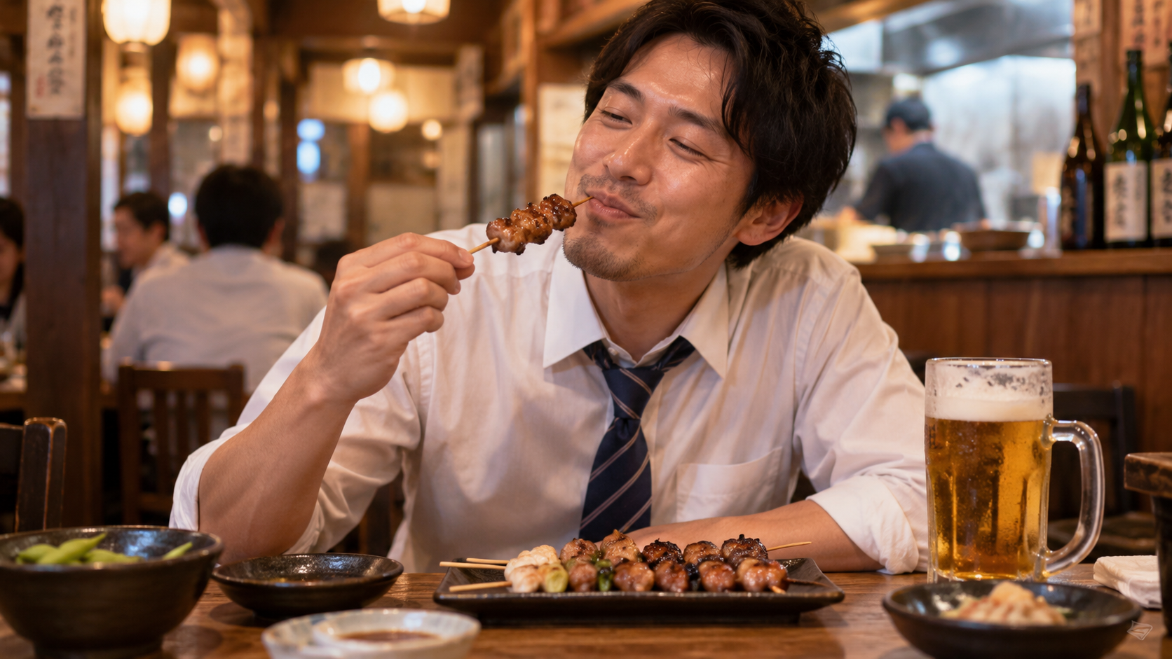 居酒屋で焼き鳥を食べる男性