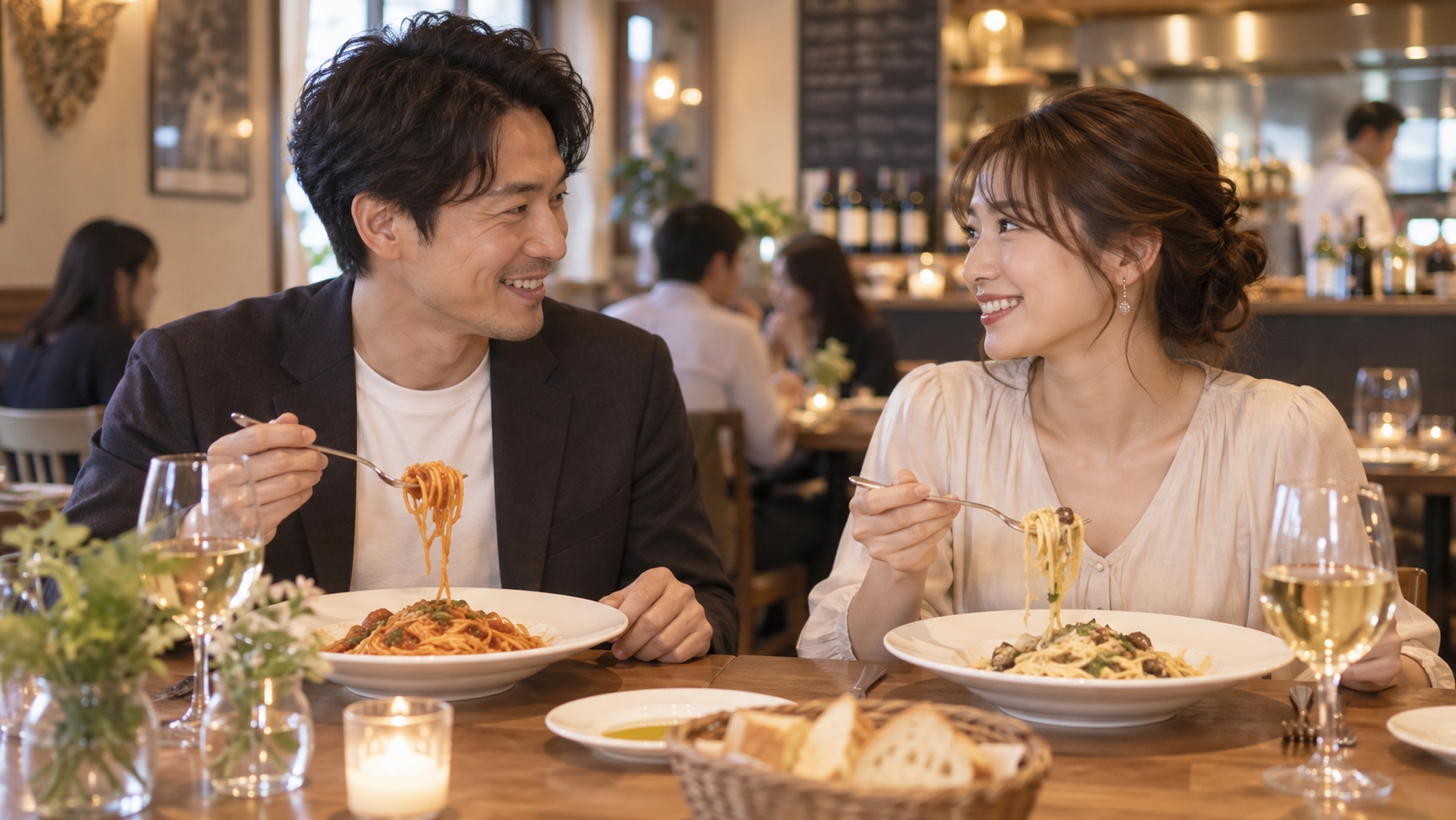 パスタを食べるカップル