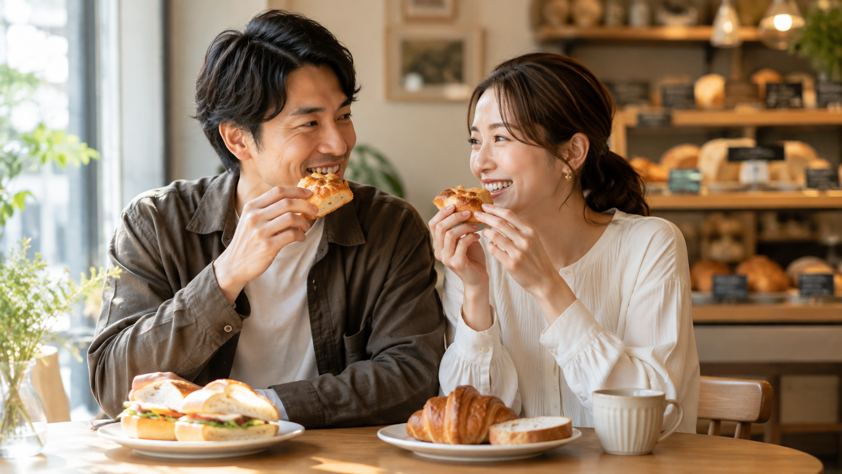 焼き立てパンを食べる夫婦