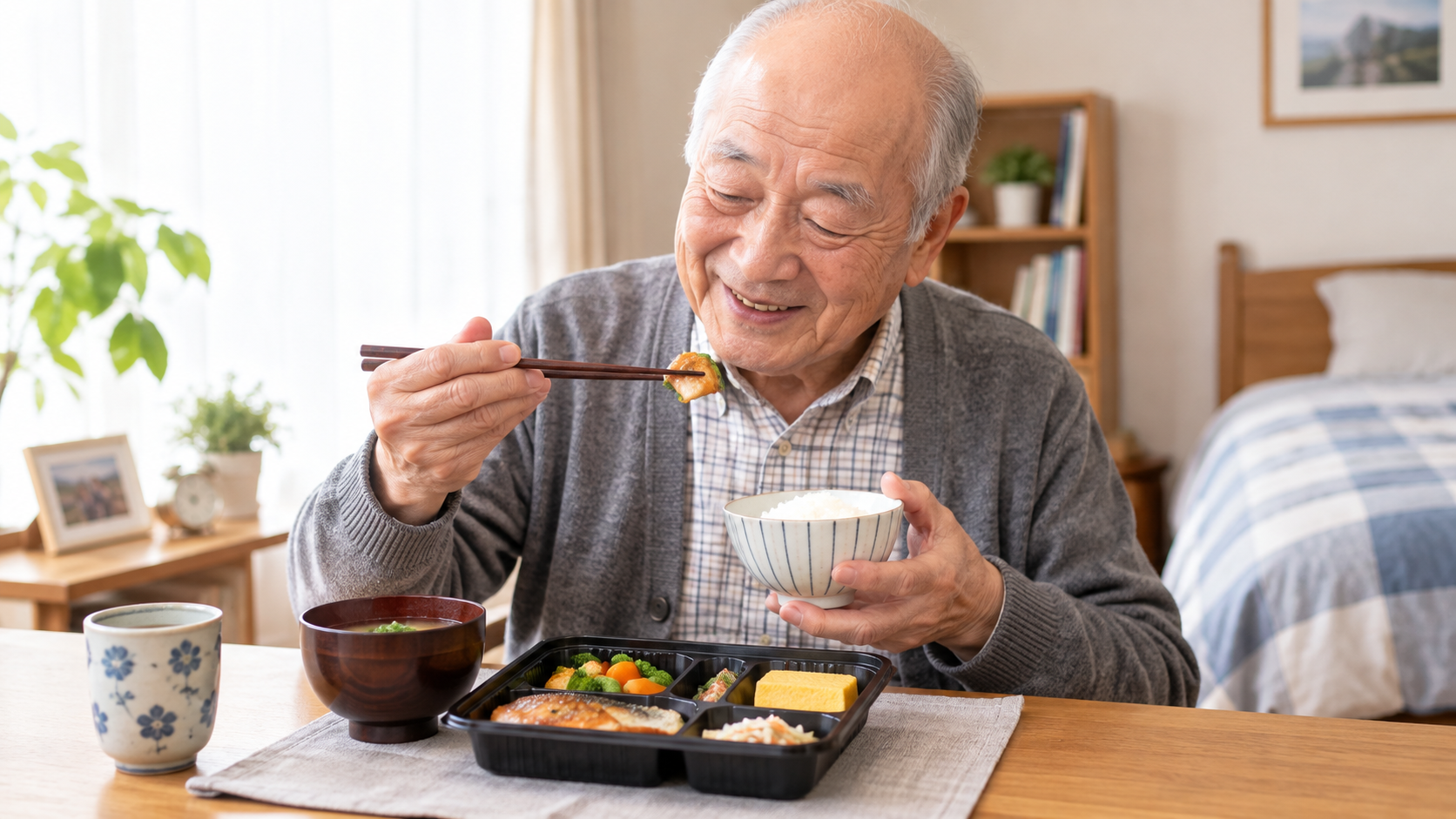 自宅で弁当を食べる高齢男性