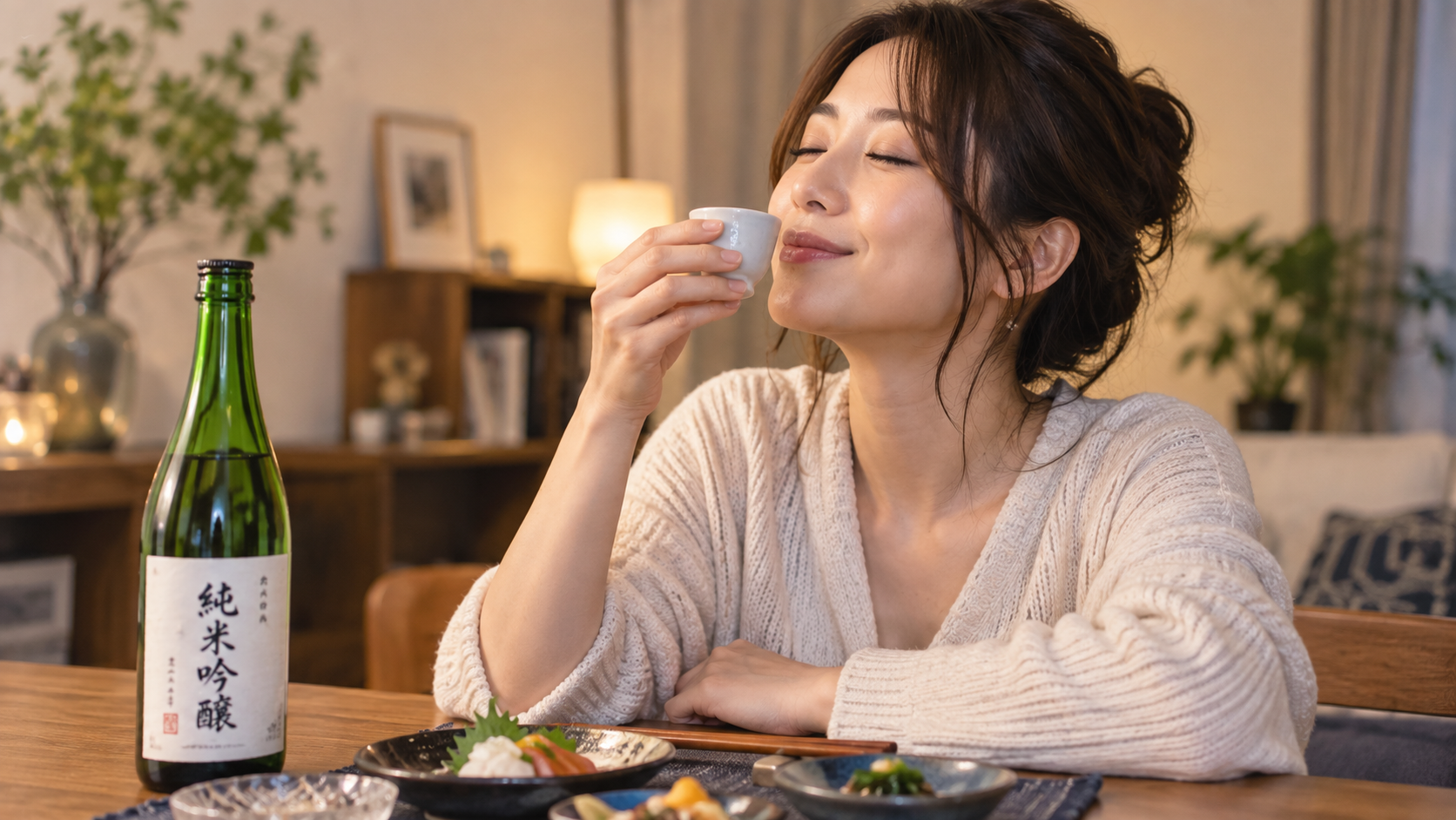 日本酒を飲む女性
