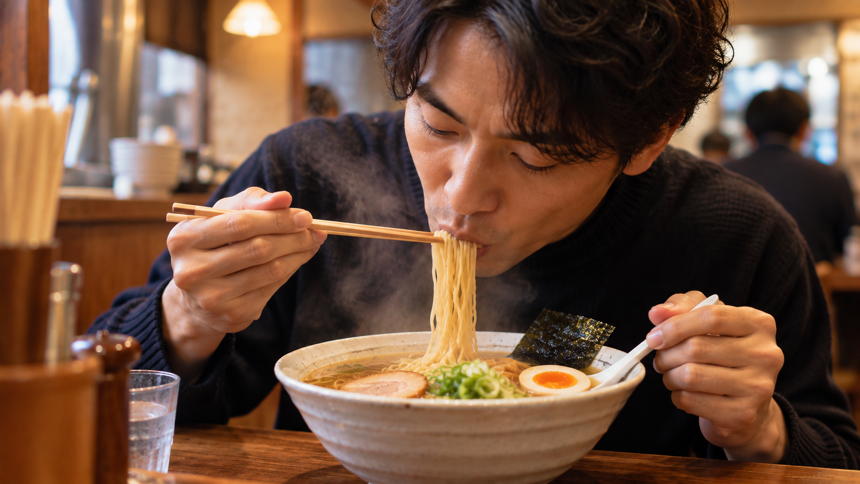 ラーメンを食べる男性