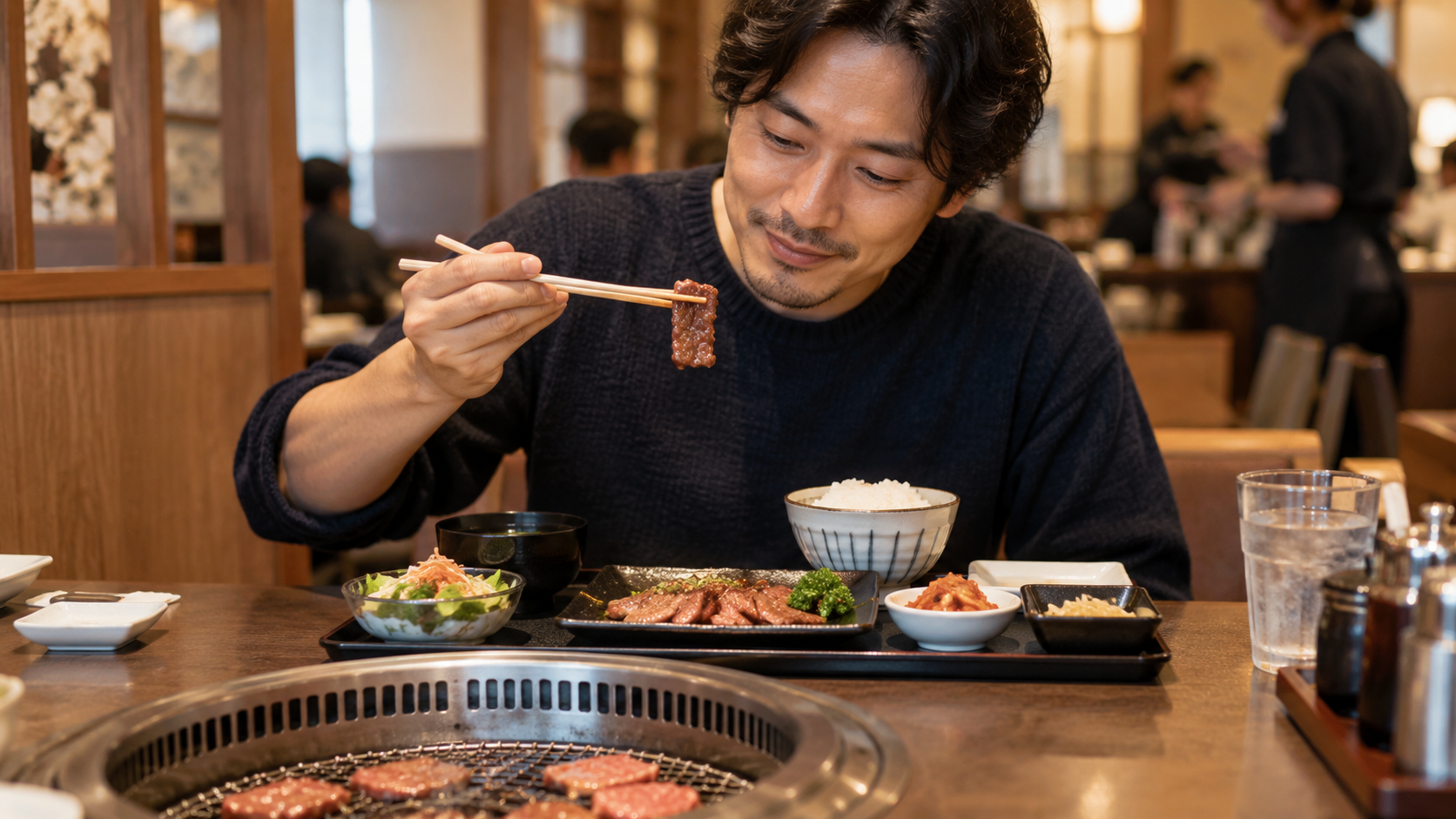 焼肉定食を食べる30代男性
